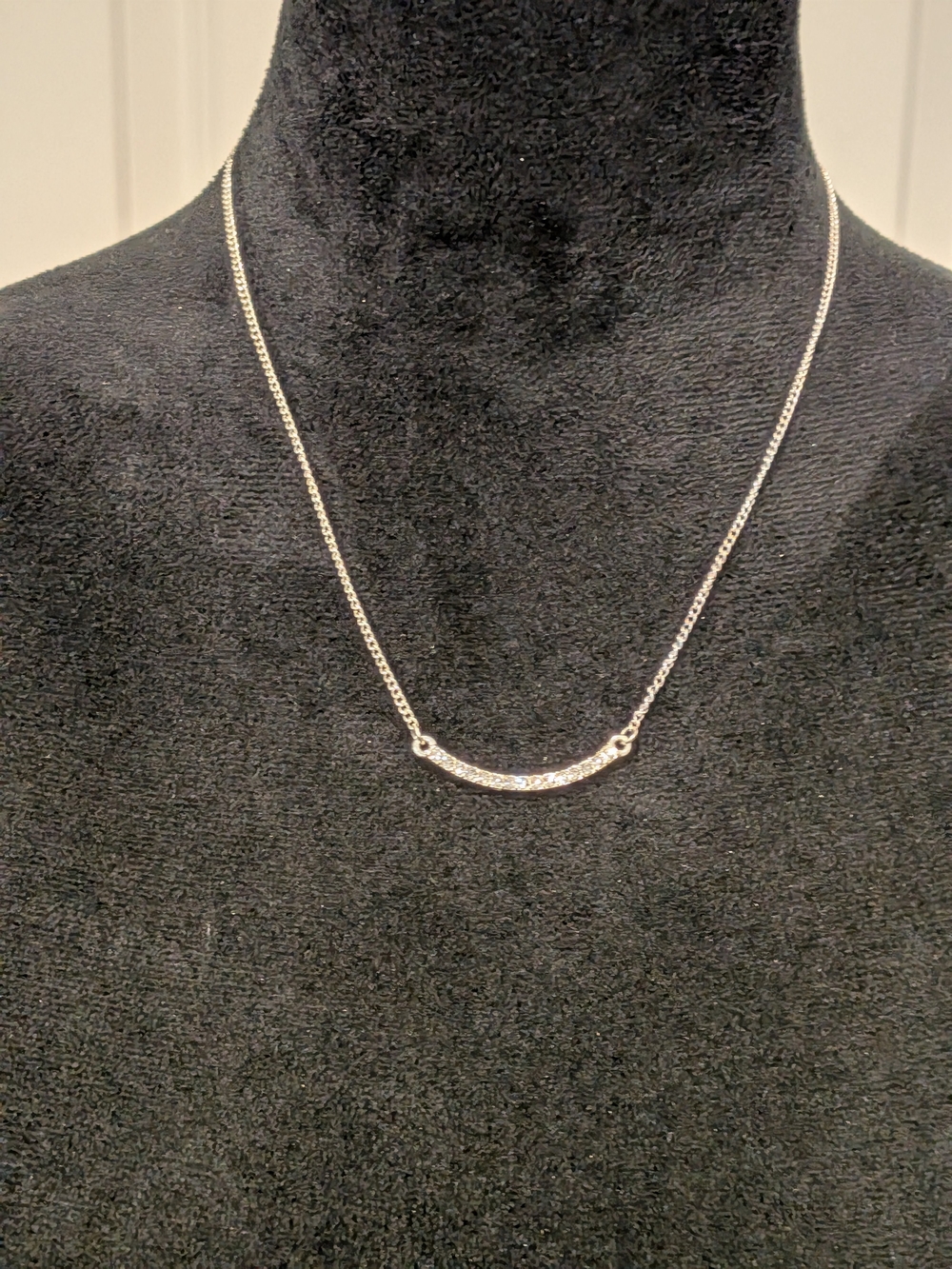Sterling Silver Curved Bar Necklace 8.5"  with Cubic Zirconia - Silver Pendant